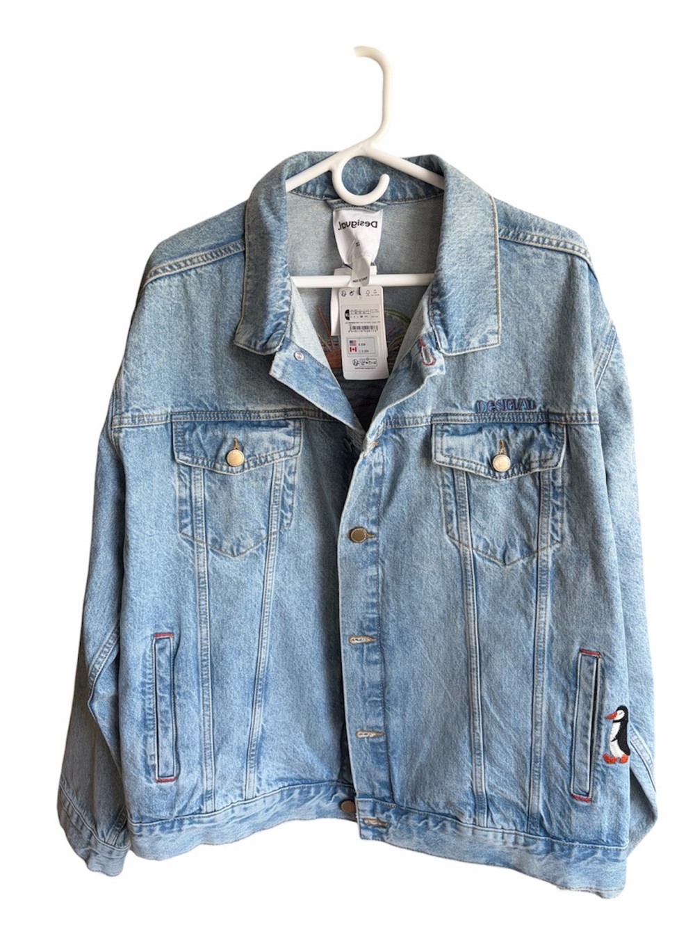 NWT Desigual Embroidered Denim Jacket XL – Palm Tree Sunset/Penguins